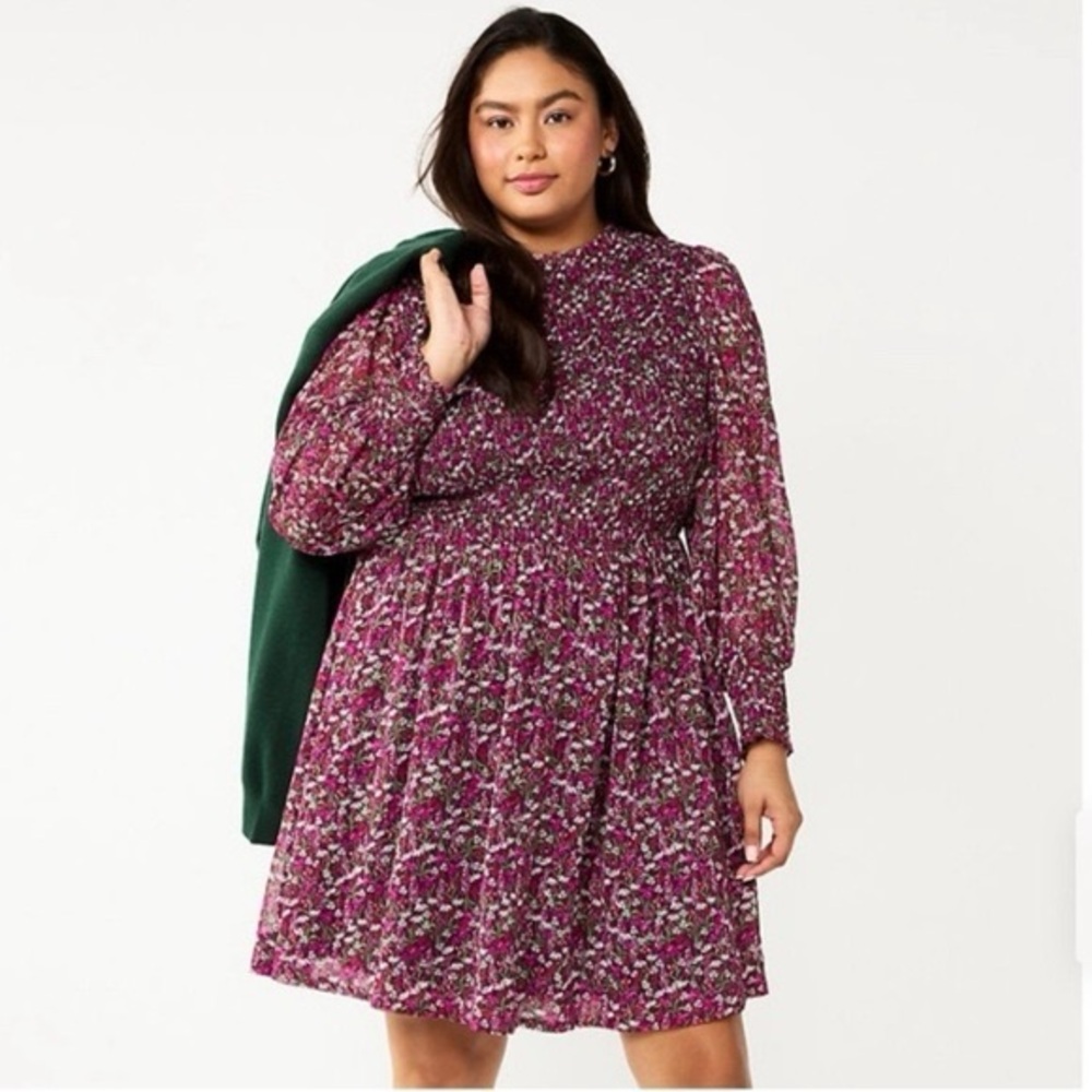 Draper James Floral Smocked Peasant Skater Dress 1X Puffy Long Sleeve